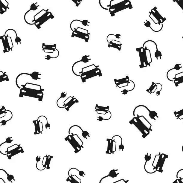 Vector illustration of Electric car with plug. Seamless pattern. Icons on white background