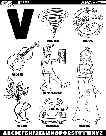 Cartoon illustration of objects and characters set for letter V coloring page