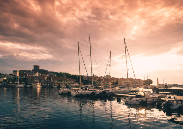 Summer sunset over Sweden's sailing capital on the Swedish West Coast in Marstrand, Sweden