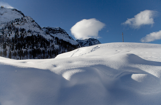 Sunny day in a snowy mountain, Passo San Pellegrino - Italy.