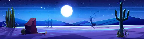 Vector illustration of Night desert with moon glowing in sky
