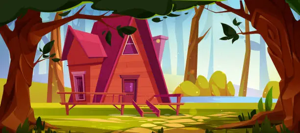 Vector illustration of Wooden house in forest on shore of lake.