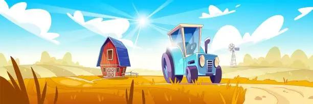 Vector illustration of Blue tractor driving autumn field