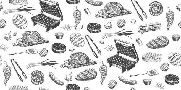 Vector illustration of Seamless pattern with grilled meat and bbq equipment