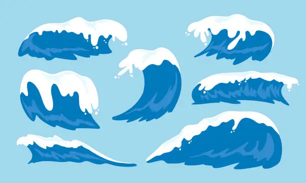 Vector illustration of Set of sea waves with white foam