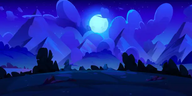Vector illustration of Night mountain valley with moon glowing in clouds