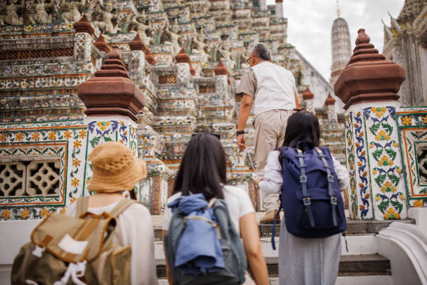 Private tourist guide with women tourists visiting Wat Arun, Bangkok.