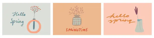 Vector illustration of A set of cards for the springtime. Spring flowers in vases.