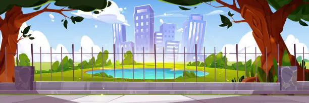 Vector illustration of City park with lake and green trees behind fence