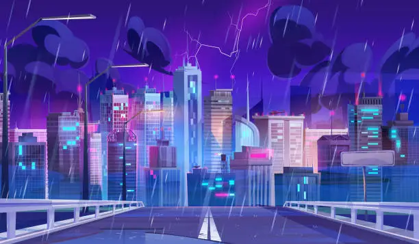 Vector illustration of Road leads to futuristic night city under rain