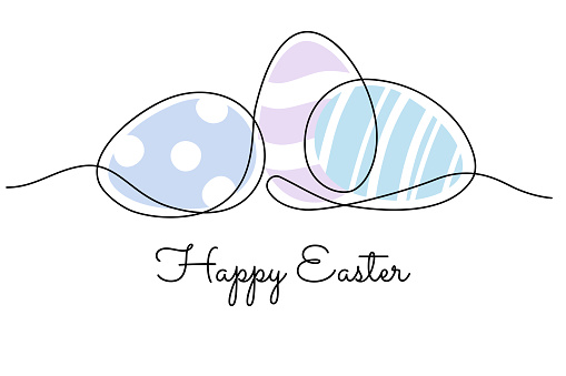 Happy Easter minimal greeting card with one line art painted eggs and handwritten style text. Vector illustration.