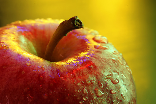 Wet apple in abstract lighting.