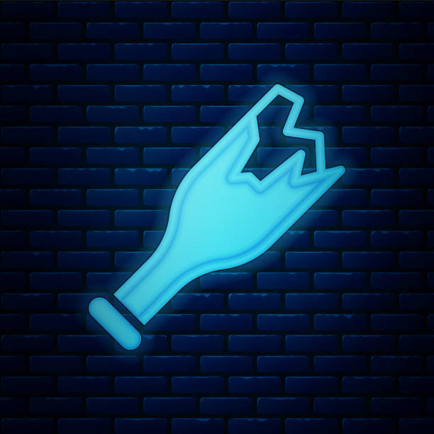 Glowing neon Broken bottle as weapon icon isolated on brick wall background. Vector Glowing neon Broken bottle as weapon icon isolated on brick wall background. Vector. broken brick wall clip art stock illustrations