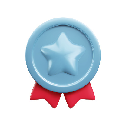 Vector 3d silver medal with star and red ribbons realistic icon. Trendy metallic round award, abstract winner badge sign. 3d render minimal cartoon quality warranty certificate badge for game, app.
