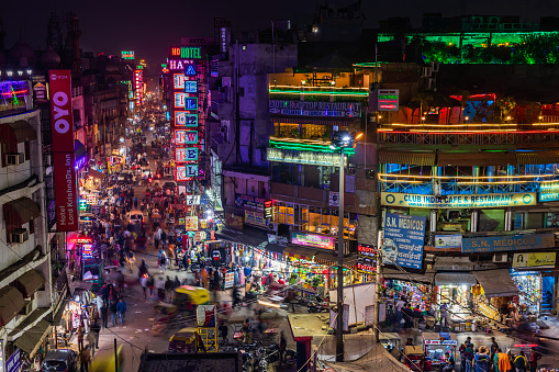 Main Bazar by night, Paharganj known for its concentration of hotels, lodges, restaurants, dhabas and a wide variety of shops catering to both domestic travellers and foreign tourists, especially backpackers and low-budget travellers.