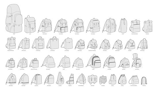 Set of backpacks silhouette bags. Fashion accessory technical illustration. Vector schoolbag 3-4 view for Men, women, unisex style, flat handbag CAD mockup sketch outline isolated