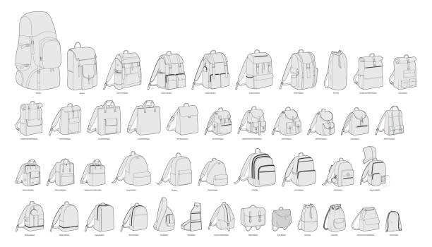 Set of backpacks silhouette bags. Fashion accessory technical illustration. Vector schoolbag 3-4 view for Men, women Set of backpacks silhouette bags. Fashion accessory technical illustration. Vector schoolbag 3-4 view for Men, women, unisex style, flat handbag CAD mockup sketch outline isolated luggage strap stock illustrations