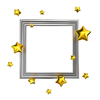 Silver frame with golden star shapes isolated. Awarding or quality concept mockup. 3d rendering