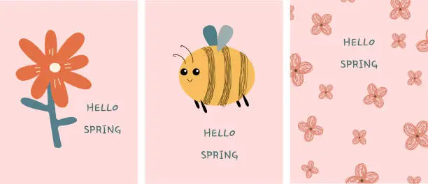 Vector illustration of Set of spring postcard. Kawaii insects and flowers. Vector illustration