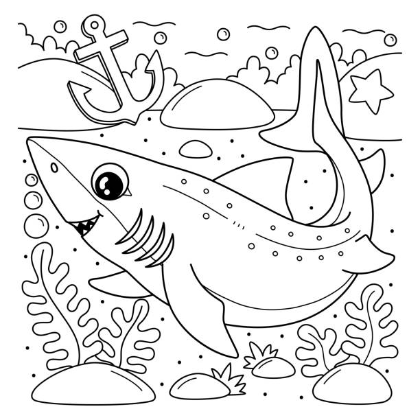 illustrazioni stock, clip art, cartoni animati e icone di tendenza di pagina da colorare di squalo palombo spinoso per bambini - spinarolo immagine