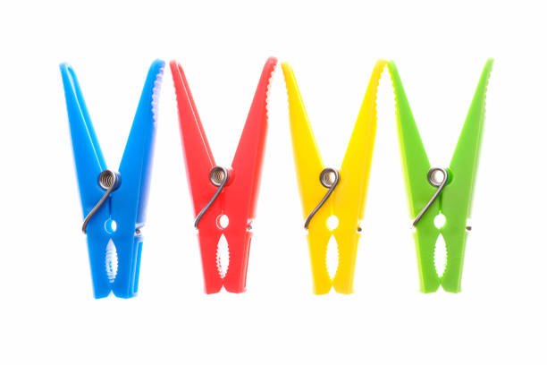 Set of clothespins for drying clothes isolated on white background.