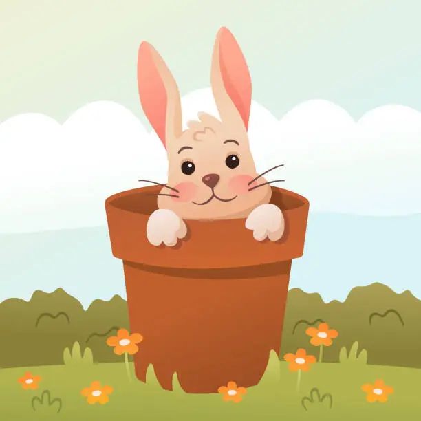 Vector illustration of Cute Easter Bunny in flowerpot