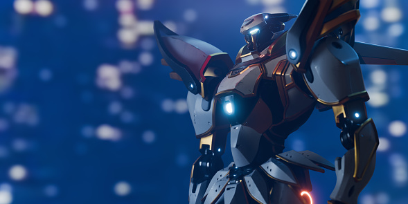 Portrait of science-fiction futuristic mech samurai warrior with white gray, shiny gold, scratched heavy metal armor, glowing eyes on dark blue night light bokeh city backdrop. Battle robot. 3d render