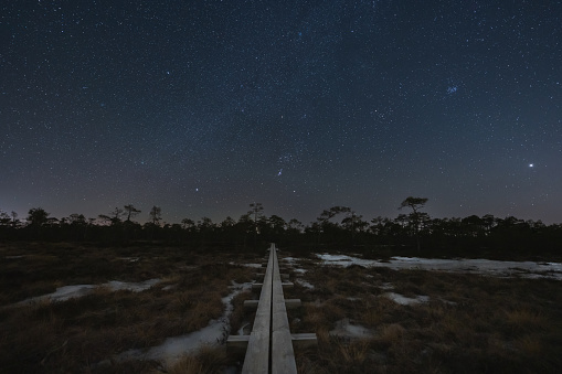 Night scene, landscape astrophoto at Seli swamp, wooden path for travelers on foot and starry sky. High quality photo
