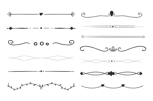 Elegant divider thin line swirl doodle ethnic border separator collection isolated on white background. Florish arnament, embelish. Vector illustration