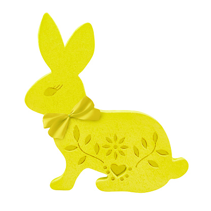 Yellow wooden Easter Bunny isolated on white background