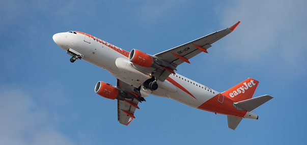 Tenerife, Spain February 14 st, 2024. Airbus A320-214 easyJet Airlines flies in the blue sky. Takeoff at Tenerife Airport