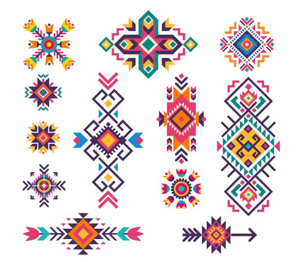 Mexican folk tribal motif patterns and ethnic color ornaments with vector geometric elements. Native american, aztec, navajo and mayan indians patterns, boho motifs, flower, stripe, triangle ornaments
