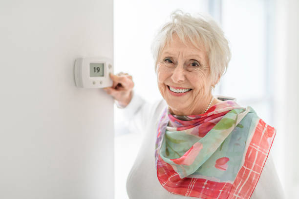 istock senior lady posing at home portrait close to a window using thermostat 2065674486
