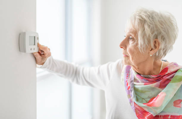 istock senior lady posing at home portrait close to a window using thermostat 2065674503