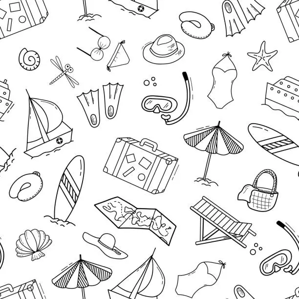 Vector illustration of Seamless monochrome pattern on theme of summer beach vacation. Repeat background with umbrella, sailboat, surfing and suitcase