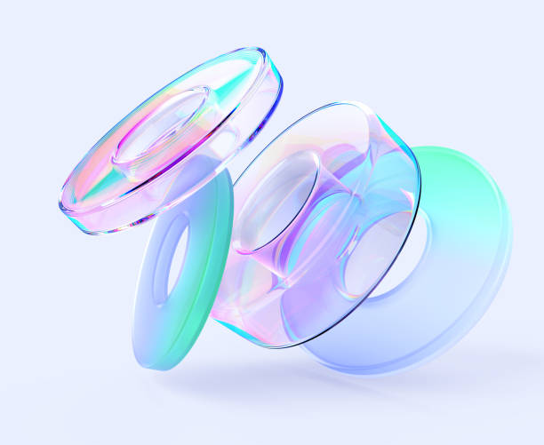 透明な光沢のあるガラスのモーフィズムリングを持つ抽象的な3D背景。虹色のグラデーションテクスチャを備えた結晶の幾何学的形状。レーザー光線写真円形ネオンぼかし動的要素