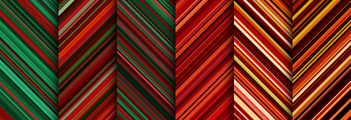Christmas detailed striped geometric patterns composed of big amount of thin red and green stripes. Vector textured illustration