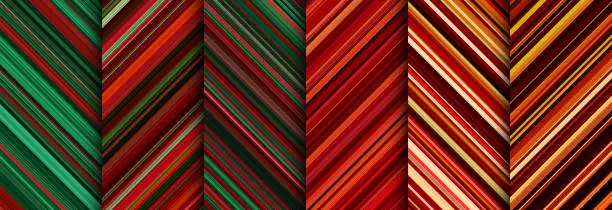 Vector illustration of Christmas detailed striped geometric patterns composed of big amount of thin red and green stripes.