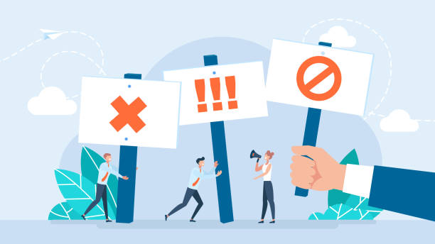 ilustrações de stock, clip art, desenhos animados e ícones de crowd of protesters people. concept of revolution or protest. protesting people. angry protester men, women holding no sign placards, megaphone on demonstration or rally. vector illustration - protestor protest sign strike