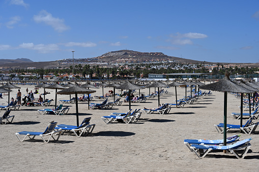 Corralejo, Fuerteventura, Spain, February 16, 2024 - The beach Playa del Castillo in Caleta de Fuste, Corralejo, Fuerteventura.