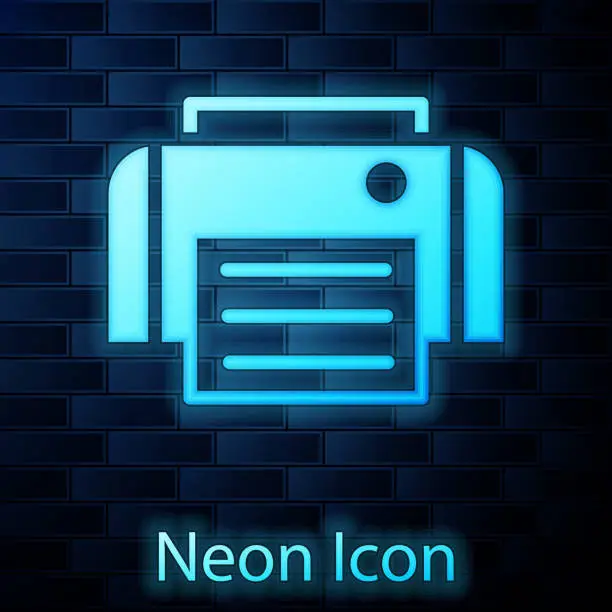 Vector illustration of Glowing neon Printer icon isolated on brick wall background. Vector