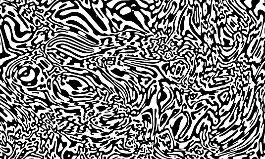 Black and white liquid design with rippled contrast curve lines. Psychedelic banner, flyer, invitation, business card. Vector illustration