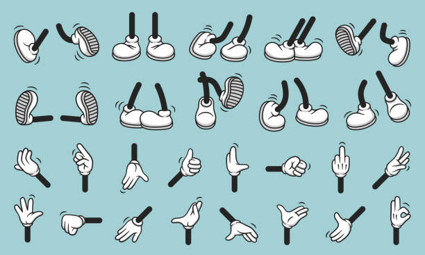 vintage retro hands in gloves and feet in shoes. comic retro feet and hands in different poses. isolated mascot character elements of 1920 to 1950s - menschliche gliedmaßen stock-grafiken, -clipart, -cartoons und -symbole