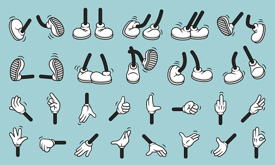 Vintage retro hands in gloves and feet in shoes. Comic retro feet and hands in different poses. Isolated mascot character elements of 1920 to 1950s.