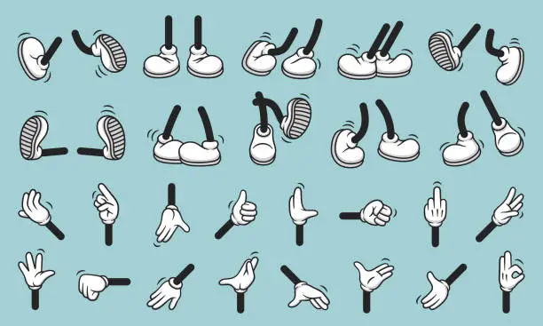 Vector illustration of Vintage retro hands in gloves and feet in shoes. Comic retro feet and hands in different poses. Isolated mascot character elements of 1920 to 1950s