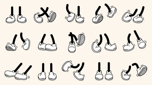 Vector illustration of Vintage retro feet and boot vector collection. Comic retro feet in different poses, leg standing, walking, running, jumping. Isolated mascot footwear 1920 to 1950s