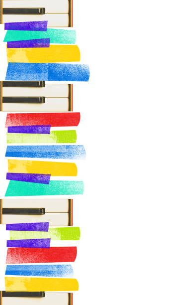 Poster. Contemporary art collage. Abstract colorful piano keys in vertical layout, creating vibrant and artistic representation of music. Concept of music festivals, fusion of classic and modern art.