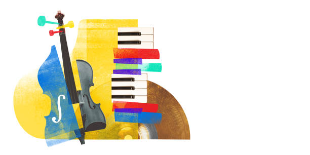Poster. Contemporary art collage. Abstract artwork of violin, colorful piano keys and vinyl record, symbolizing fusion of classical and modern music. Poster. Contemporary art collage. Abstract artwork of violin, colorful piano keys and vinyl record, symbolizing fusion of classical and modern music. Concept of music festivals, concert and parties. abstract musical instrument stock pictures, royalty-free photos & images