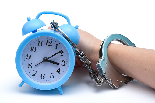 Prisoner of time, hands, clock and handcuffs closeup