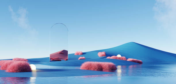 istock 3d Render, Abstract Surreal pastel landscape background with architecture and geometric, beautiful gradient sky scene, lake with clam water, minimal concept. 2065695383